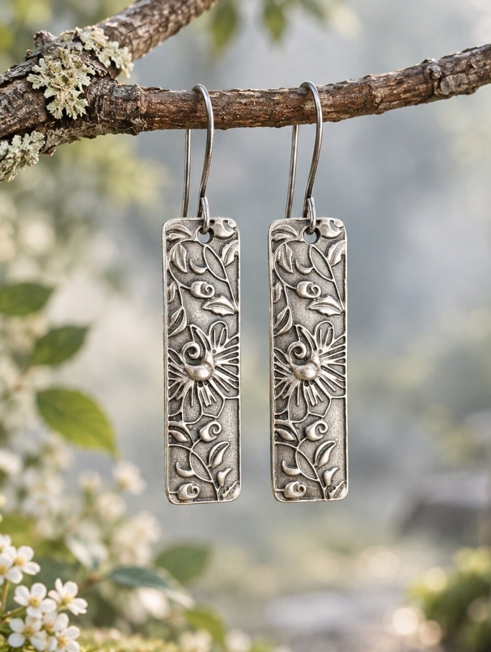 Silver Floral Earrings Botanical Dangles Artisan Hand Crafted